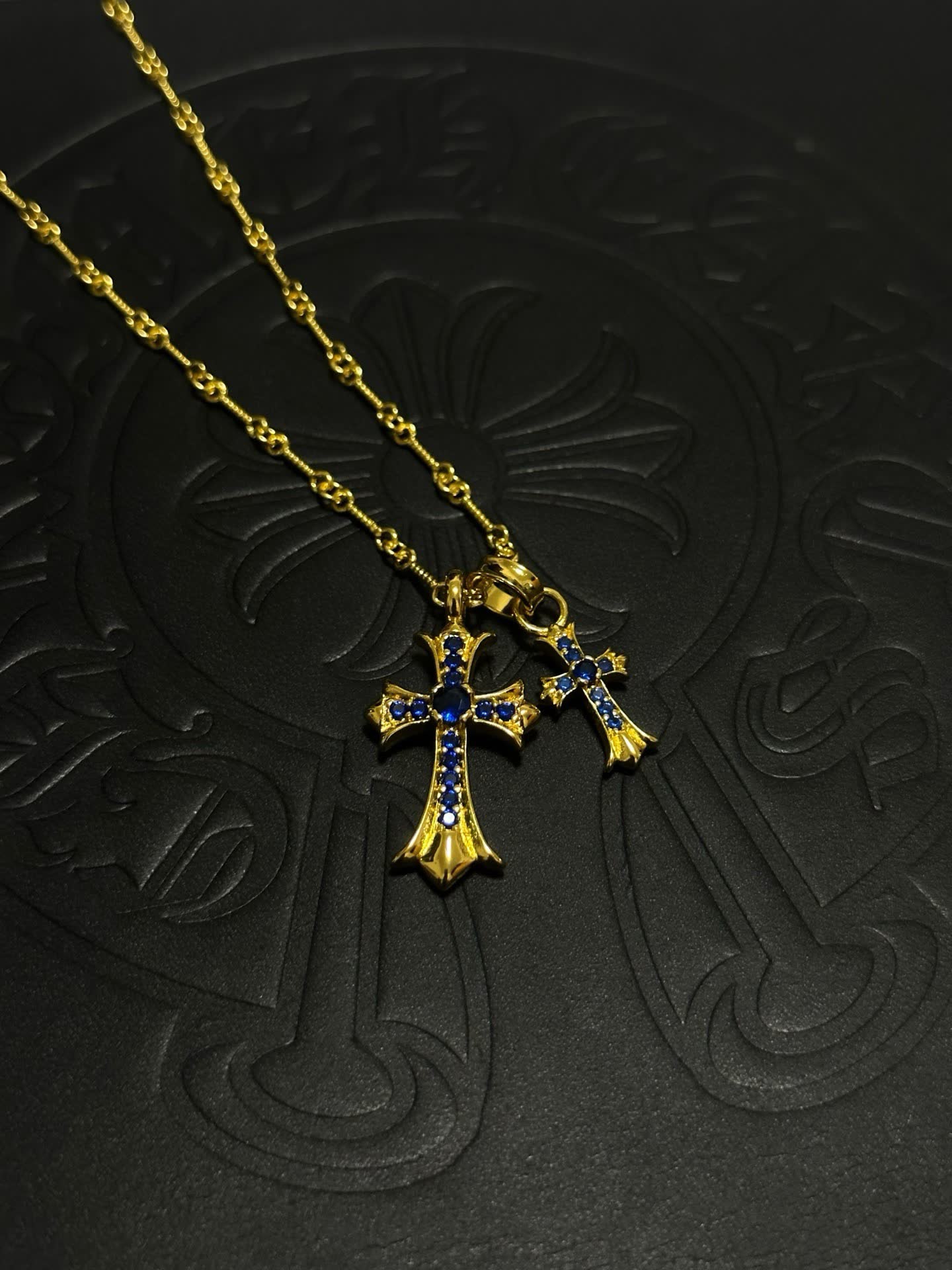Chrome Hearts Gold Cross Pendant Necklace with Blue Stones
